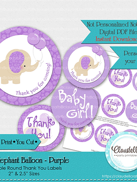 Baby Elephant - Purple Baby Shower Thank You Round Labels Party Favors/Digital File Only