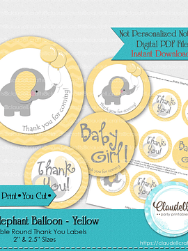 Baby Elephant - Yellow Baby Shower Thank You Round Labels Party Favors/Digital File Only