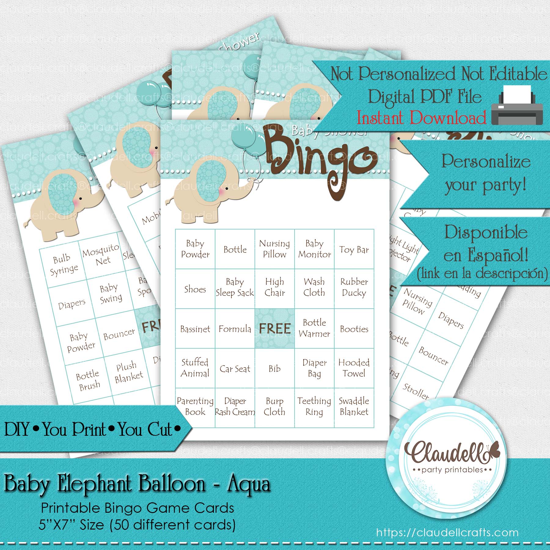Baby Elephant - Aqua 50 Baby Shower Game Bingo Cards (Filled) Party Favors/Digital File Only