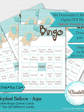 Baby Elephant - Aqua 50 Baby Shower Game Bingo Cards (Filled) Party Favors/Digital File Only