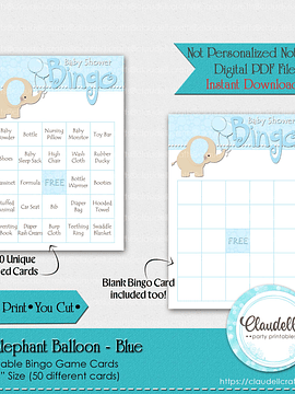 Baby Elephant - Blue 50 Baby Shower Game Bingo Cards (Filled) Party Favors/Digital File Only