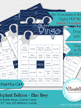 Baby Elephant - Blue Navy 50 Baby Shower Game Bingo Cards (Filled) Party Favors/Digital File Only