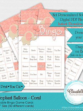 Baby Elephant - Coral 50 Baby Shower Game Bingo Cards (Filled) Party Favors/Digital File Only