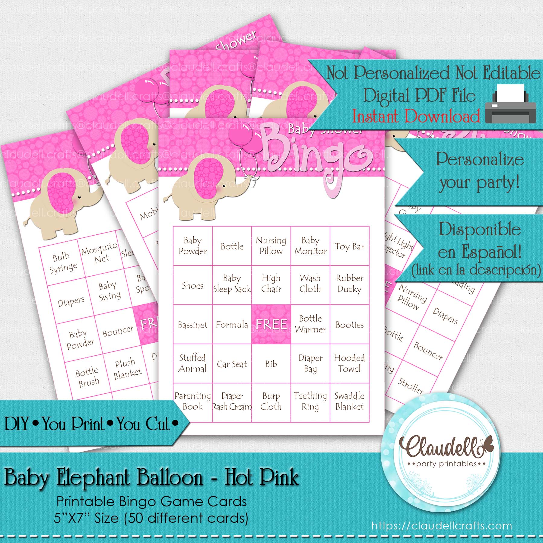 Baby Elephant - Hot Pink 50 Baby Shower Game Bingo Cards (Filled) Party Favors/Digital File Only