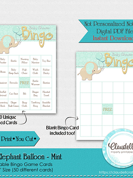 Baby Elephant - Mint 50 Baby Shower Game Bingo Cards (Filled) Party Favors/Digital File Only