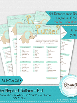 Baby Elephant - Mint What is in Your Purse Baby Shower Game Card/Digital File Only