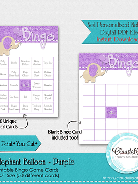 Baby Elephant - Purple 50 Baby Shower Game Bingo Cards (Filled) Party Favors/Digital File Only