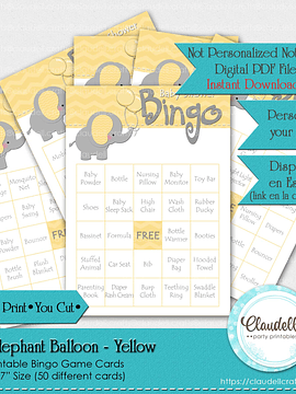 Baby Elephant - Yellow 50 Baby Shower Game Bingo Cards (Filled) Party Favors/Digital File Only
