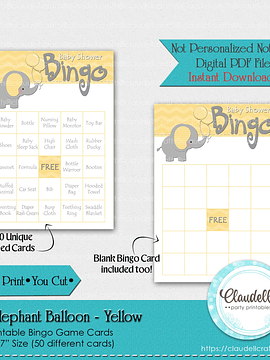 Baby Elephant - Yellow 50 Baby Shower Game Bingo Cards (Filled) Party Favors/Digital File Only