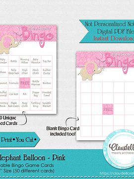 Baby Elephant - Pink 50 Baby Shower Game Bingo Cards (Filled) Party Favors/Digital File Only