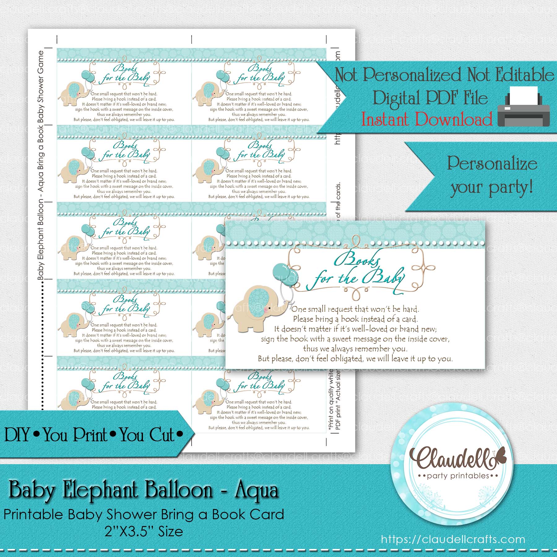Baby Elephant - Aqua Bring a Book Baby Shower Game Card/Digital File Only