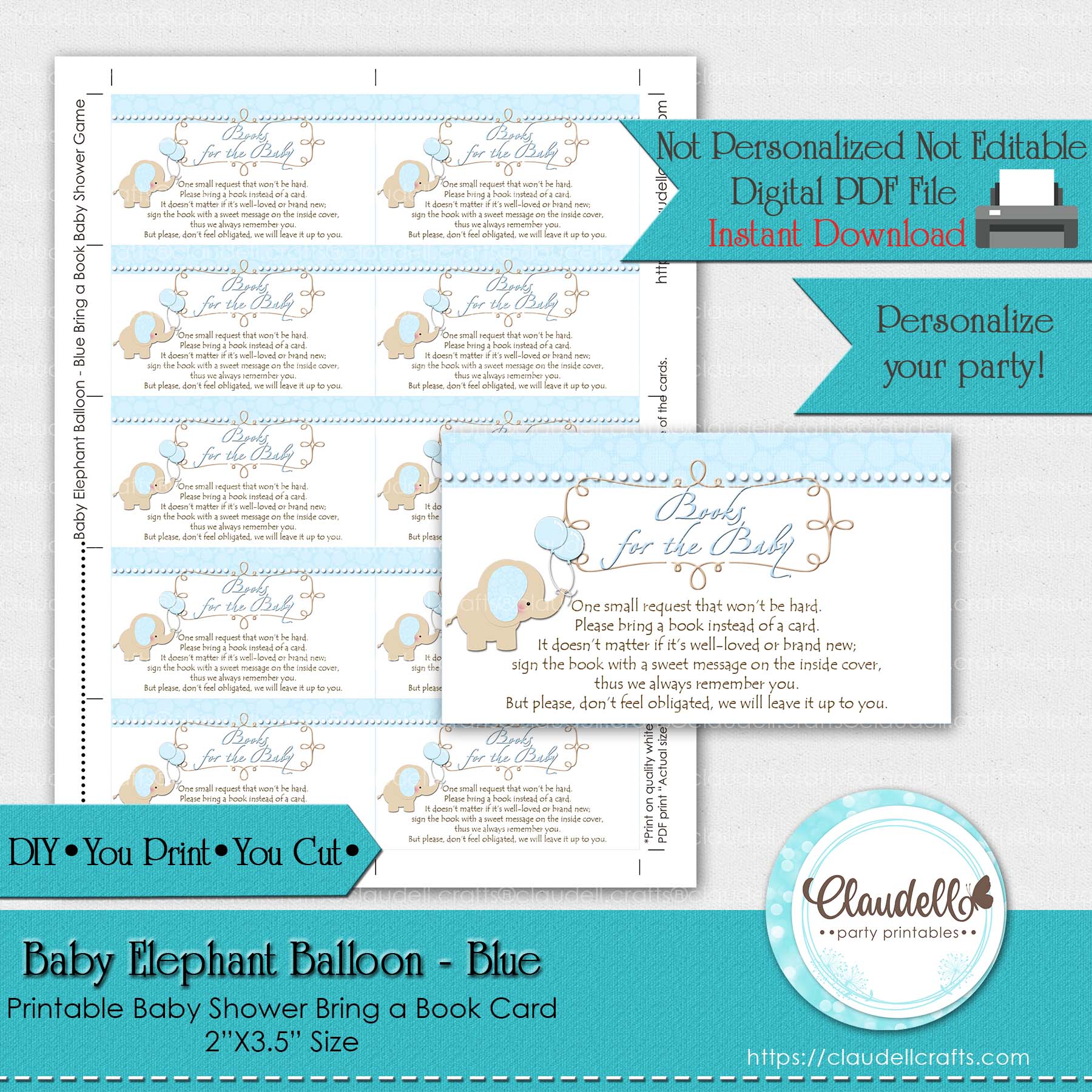 Baby Elephant - Blue Bring a Book Baby Shower Game Card/Digital File Only
