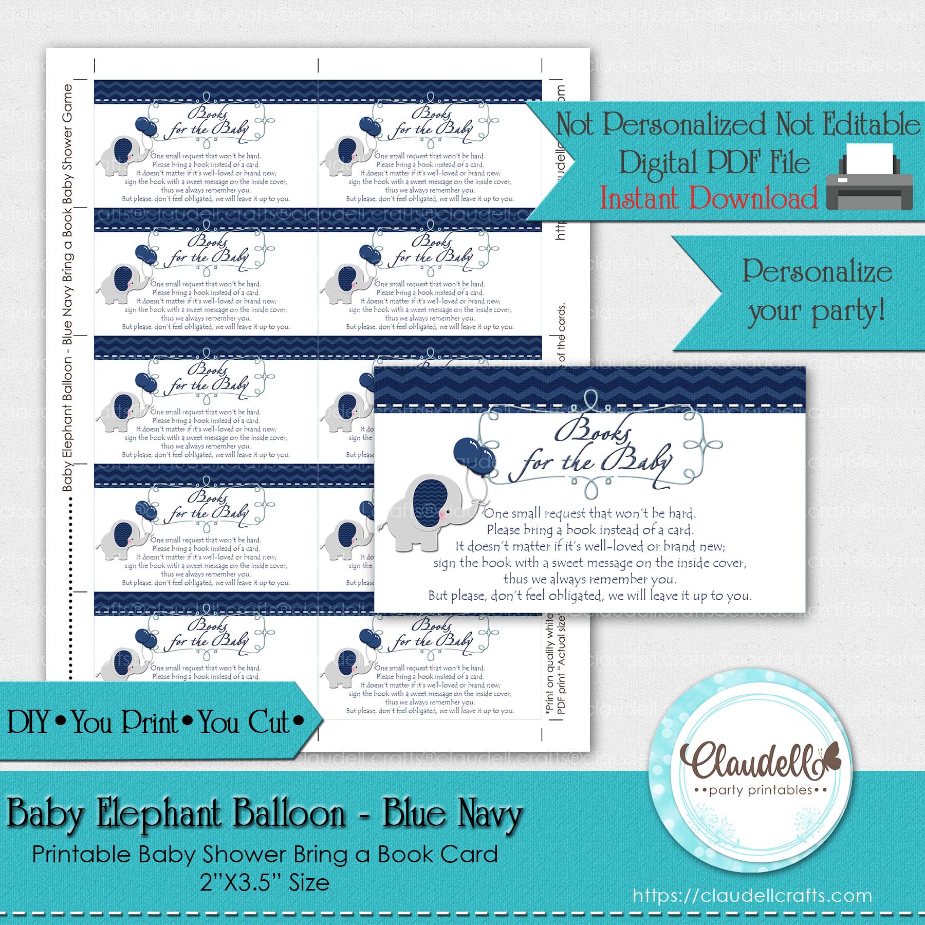 Baby Elephant - Blue Navy Bring a Book Baby Shower Game Card/Digital File Only
