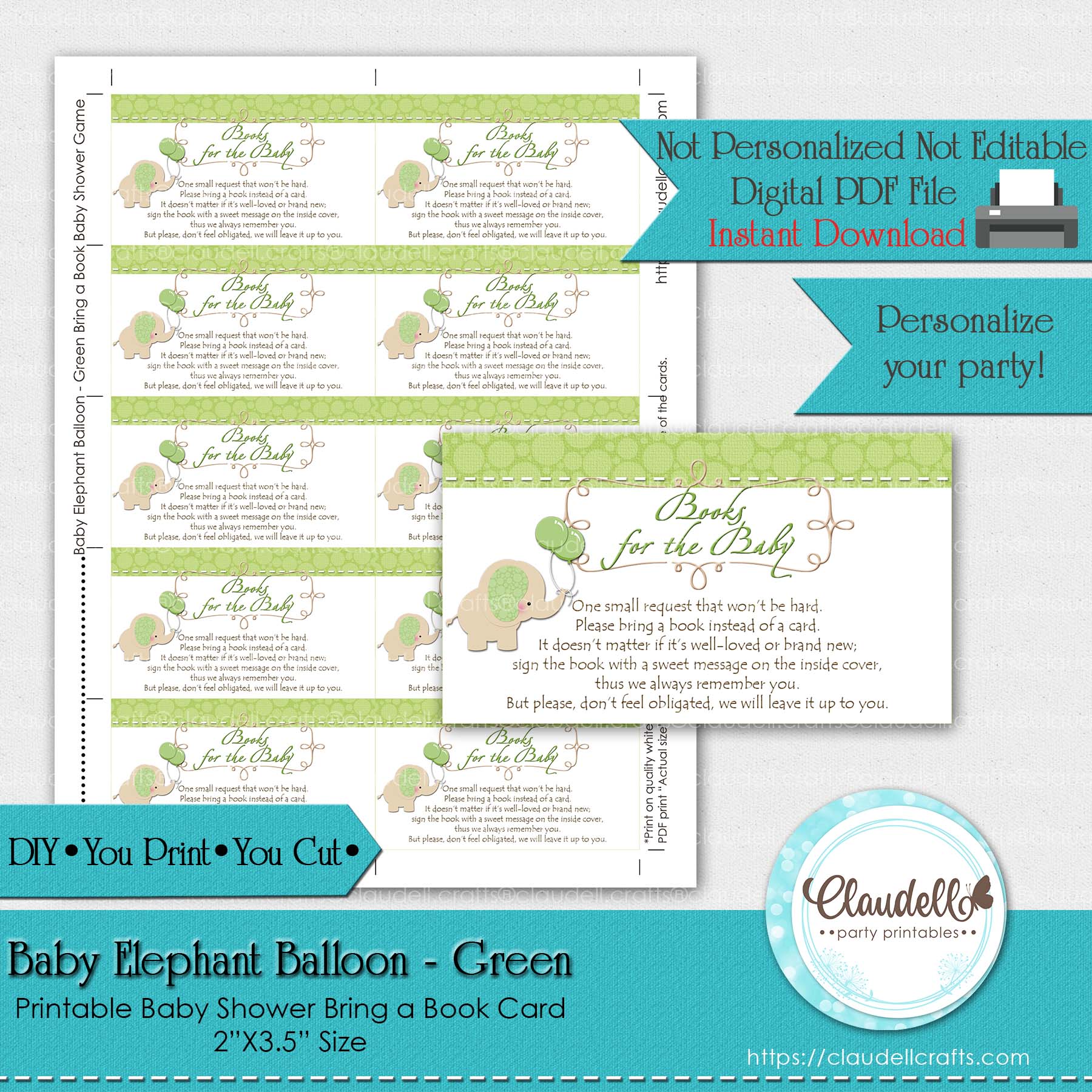 Baby Elephant - Green Bring a Book Baby Shower Game Card/Digital File Only