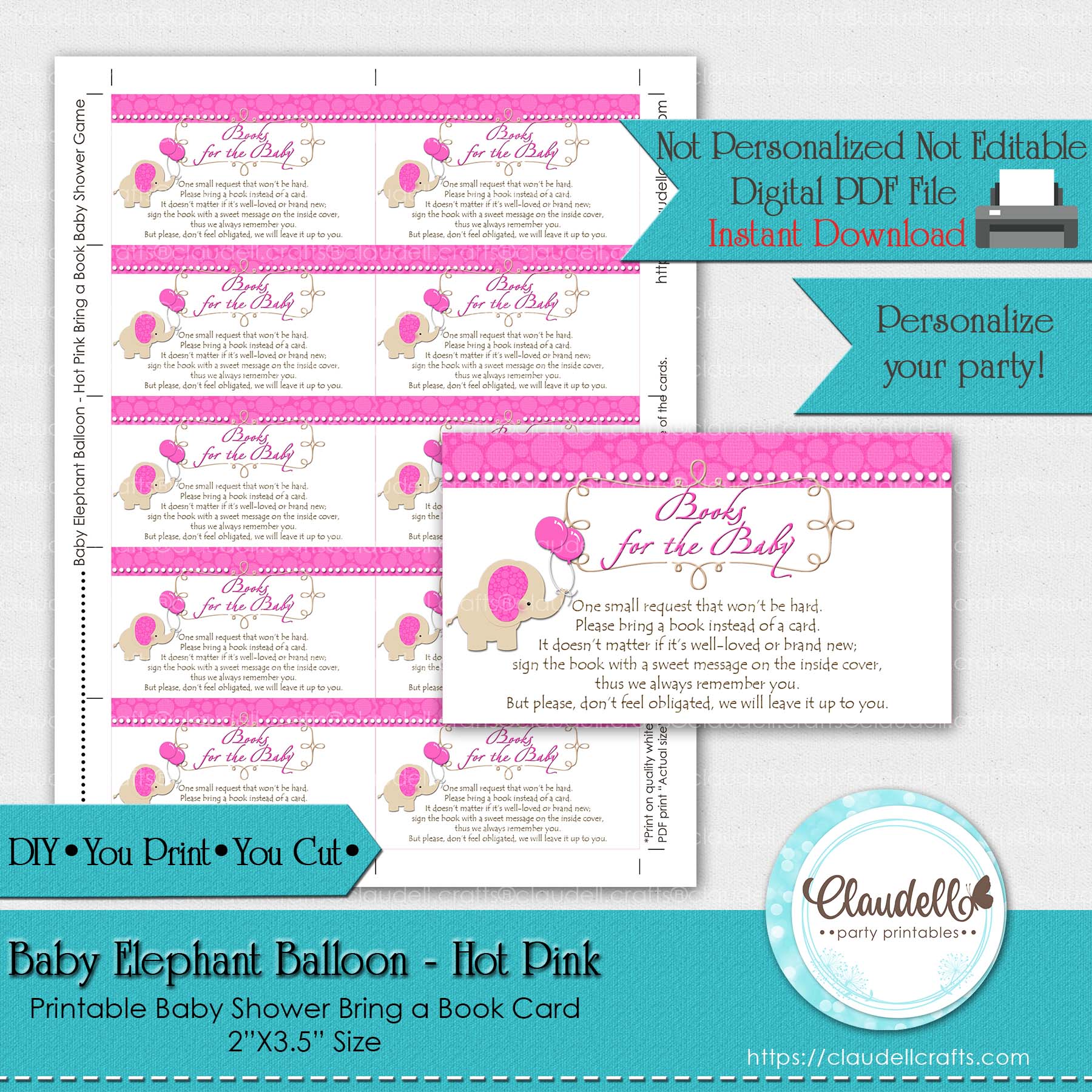 Baby Elephant - Hot Pink Bring a Book Baby Shower Game Card/Digital File Only