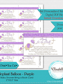 Baby Elephant - Purple Bring a Book Baby Shower Game Card/Digital File Only