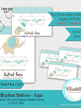Baby Elephant - Aqua Diaper Raffle Baby Shower Game Card/Digital File Only
