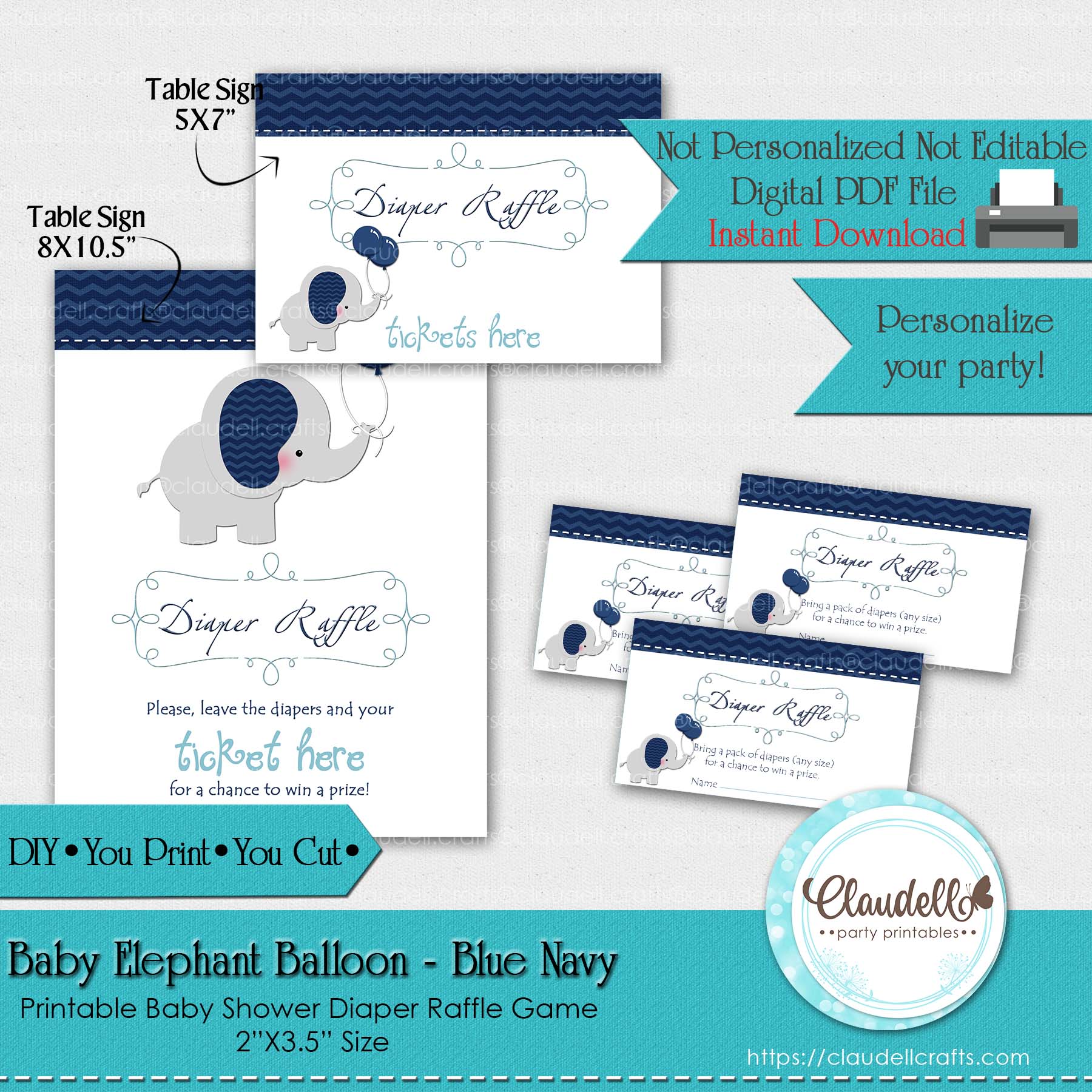 Baby Elephant - Blue Navy Diaper Raffle Baby Shower Game Card/Digital File Only