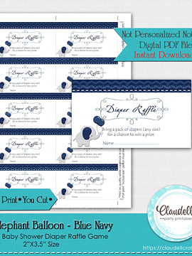 Baby Elephant - Blue Navy Diaper Raffle Baby Shower Game Card/Digital File Only