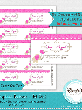 Baby Elephant - Hot Pink Diaper Raffle Baby Shower Game Card/Digital File Only