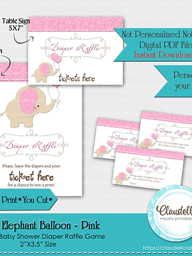 Baby Elephant - Pink Diaper Raffle Baby Shower Game Card/Digital File Only