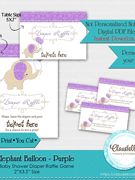 Baby Elephant - Purple Diaper Raffle Baby Shower Game Card/Digital File Only