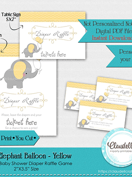 Baby Elephant - Yellow Diaper Raffle Baby Shower Game Card/Digital File Only