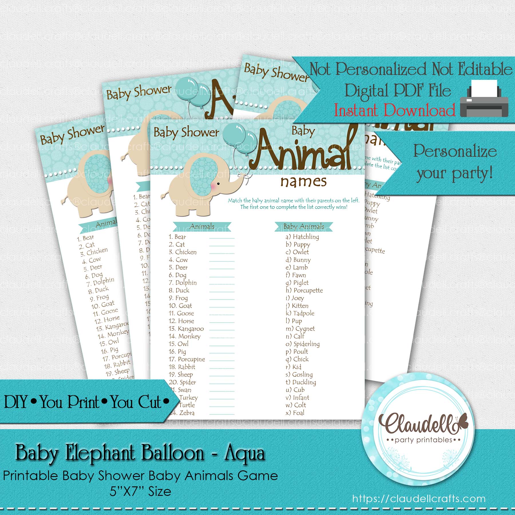Baby Elephant - Aqua Baby Animals Baby Shower Game Card/Digital File Only