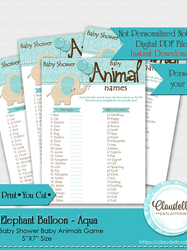 Baby Elephant - Aqua Baby Animals Baby Shower Game Card/Digital File Only