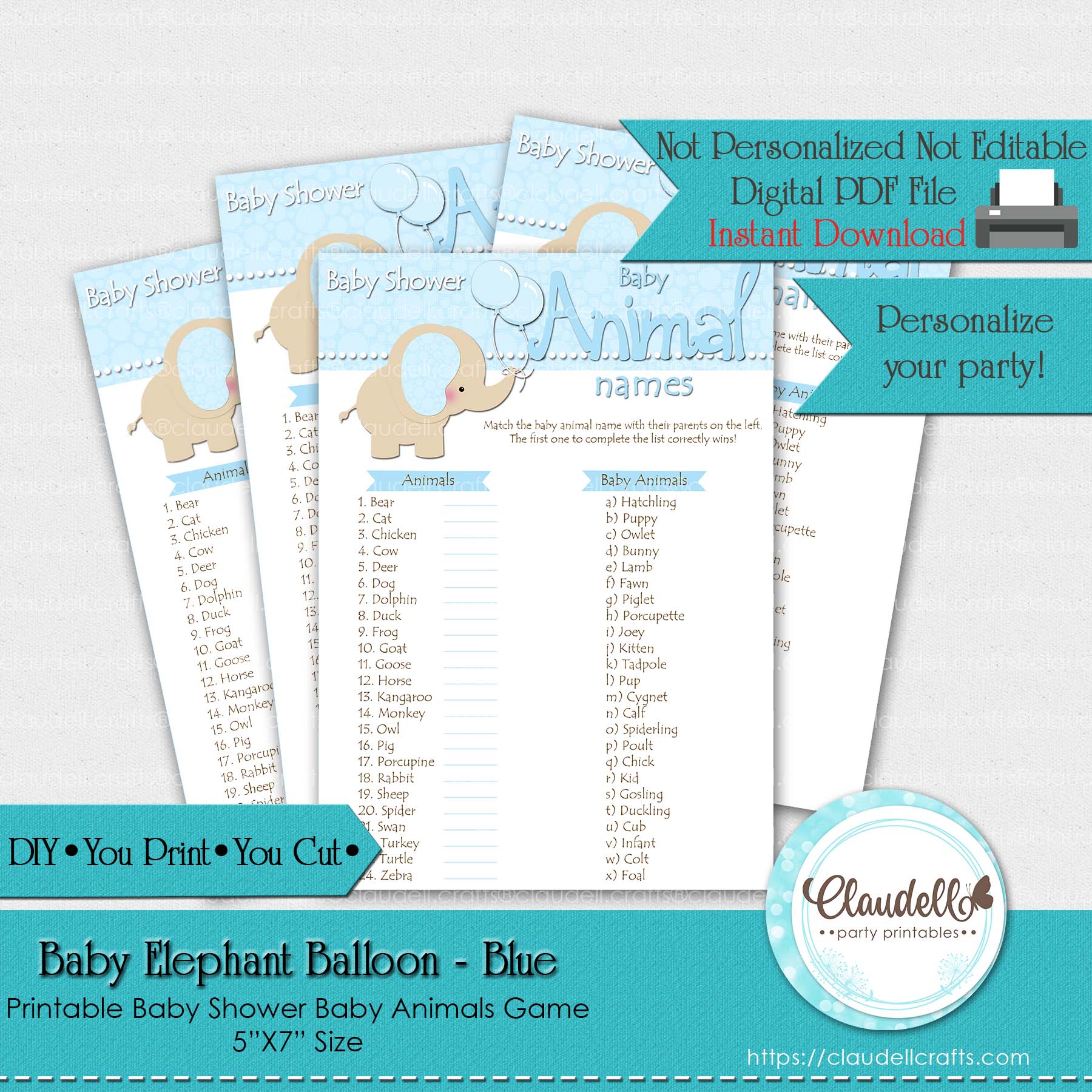 Baby Elephant - Blue Baby Animals Baby Shower Game Card/Digital File Only