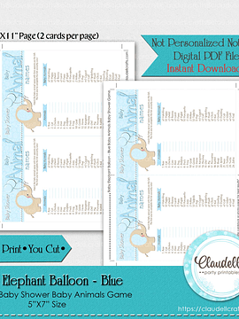 Baby Elephant - Blue Baby Animals Baby Shower Game Card/Digital File Only