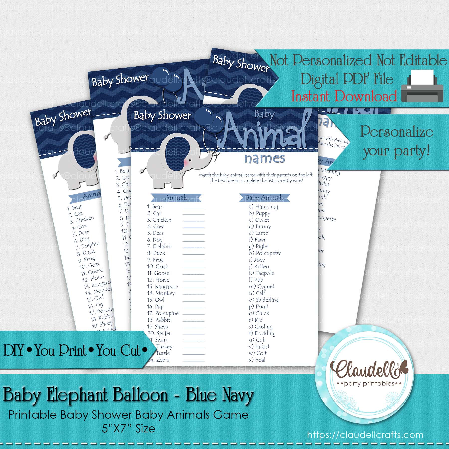Baby Elephant - Blue Navy Baby Animals Baby Shower Game Card/Digital File Only