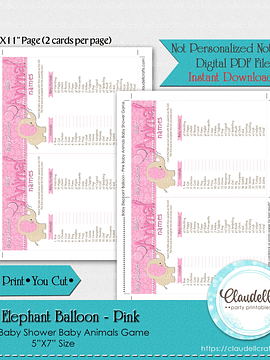 Baby Elephant - Pink Baby Animals Baby Shower Game Card/Digital File Only
