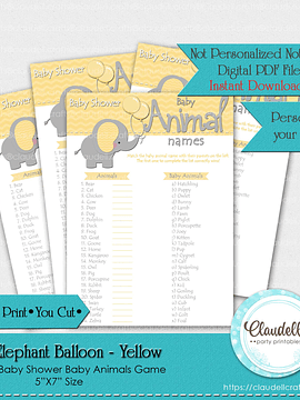 Baby Elephant - Yellow Baby Animals Baby Shower Game Card/Digital File Only