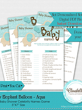 Baby Elephant - Aqua Baby Celebrity Names Baby Shower Game Card/Digital File Only