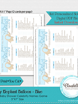 Baby Elephant - Blue Baby Celebrity Names Baby Shower Game Card/Digital File Only