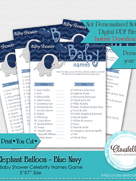 Baby Elephant - Blue Navy Baby Celebrity Names Baby Shower Game Card/Digital File Only