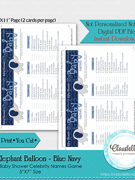 Baby Elephant - Blue Navy Baby Celebrity Names Baby Shower Game Card/Digital File Only