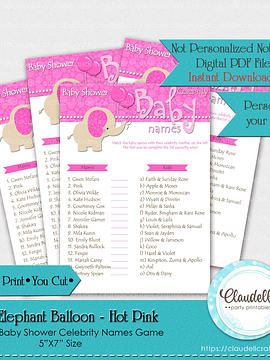 Baby Elephant - Hot Pink Baby Celebrity Names Baby Shower Game Card/Digital File Only