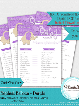 Baby Elephant - Purple Baby Celebrity Names Baby Shower Game Card/Digital File Only