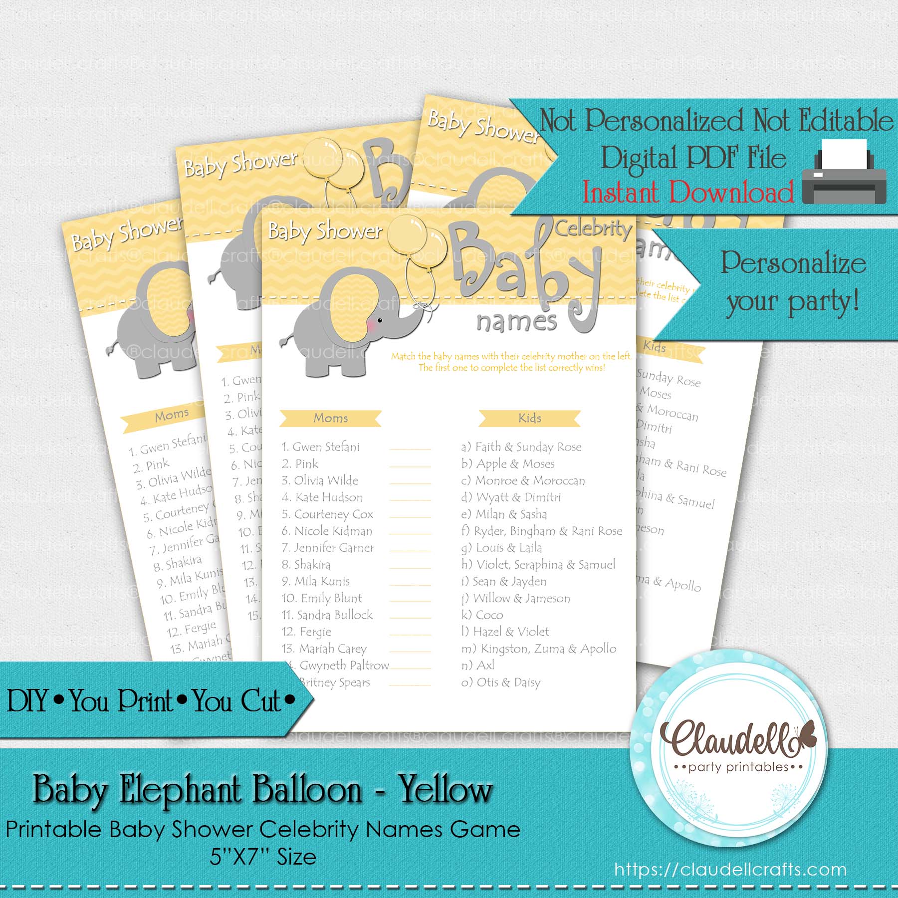Baby Elephant - Yellow Baby Celebrity Names Baby Shower Game Card/Digital File Only