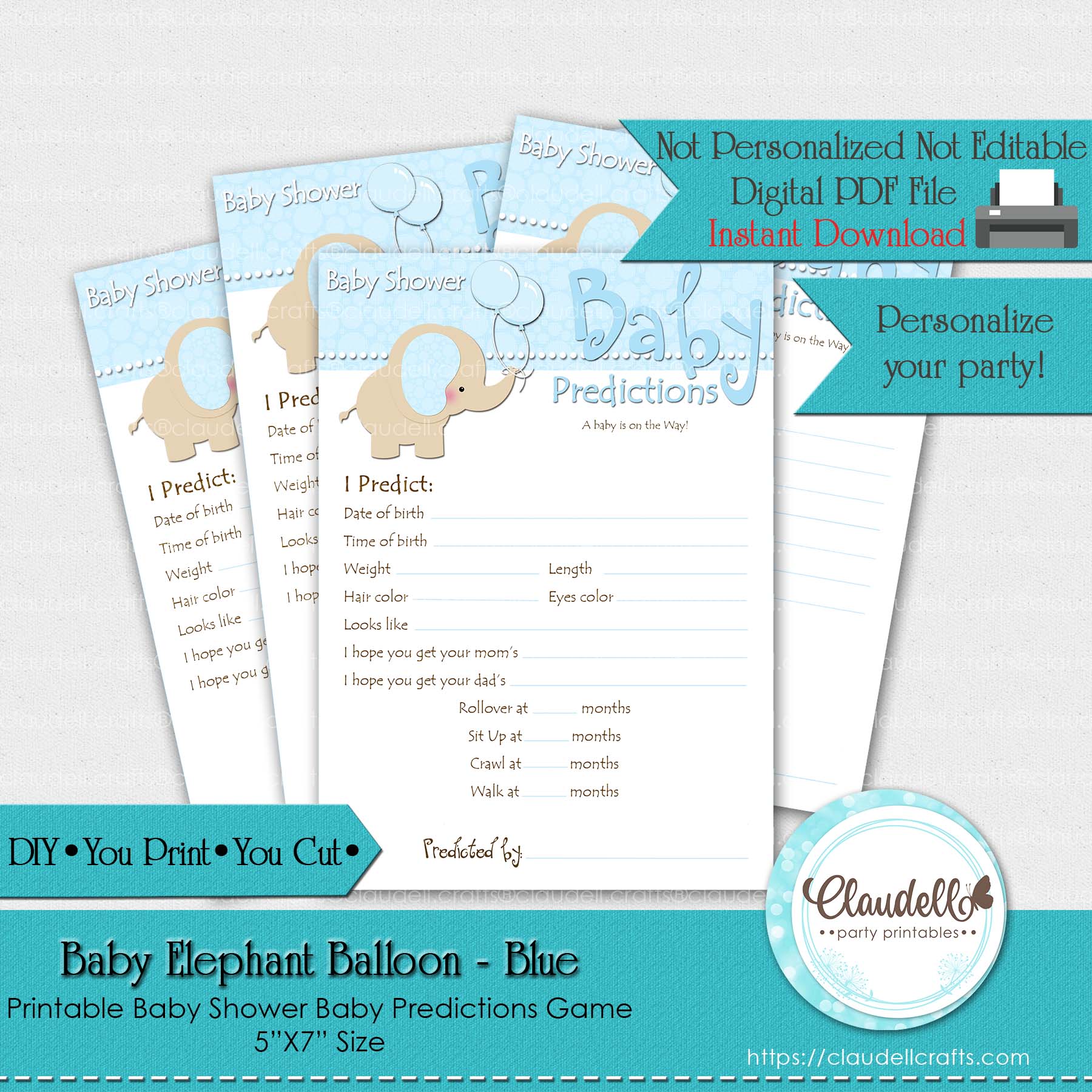 Baby Elephant - Blue Baby Predictions Baby Shower Game Card/Digital File Only