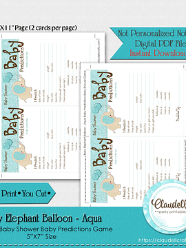 Baby Elephant - Aqua Baby Predictions Baby Shower Game Card/Digital File Only