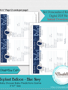 Baby Elephant - Blue Navy Baby Predictions Baby Shower Game Card/Digital File Only