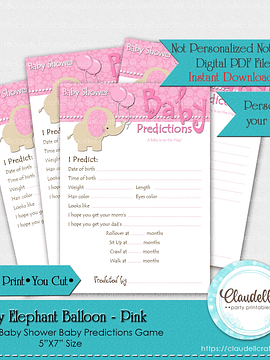 Baby Elephant - Pink Baby Predictions Baby Shower Game Card/Digital File Only