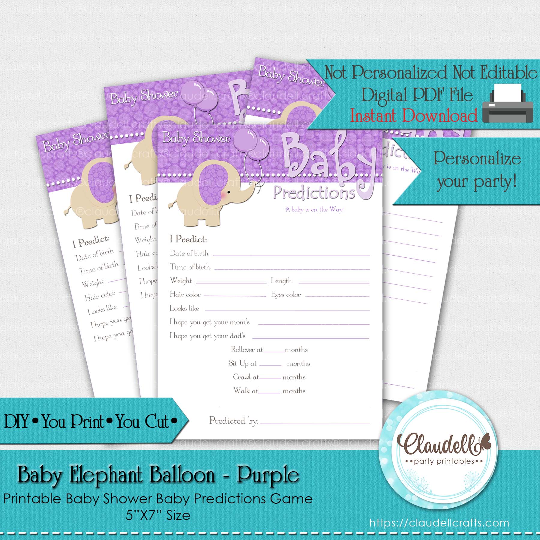 Baby Elephant - Purple Baby Predictions Baby Shower Game Card/Digital File Only