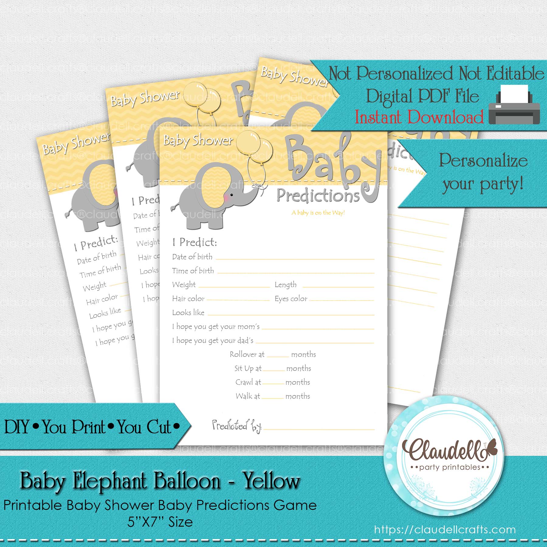 Baby Elephant - Yellow Baby Predictions Baby Shower Game Card/Digital File Only