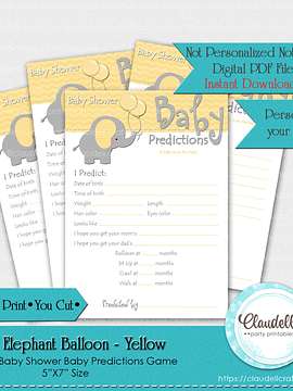 Baby Elephant - Yellow Baby Predictions Baby Shower Game Card/Digital File Only