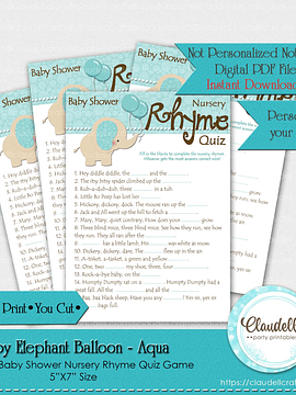 Baby Elephant - Aqua Nursery Rhyme Quiz Baby Shower Game Card/Digital File Only