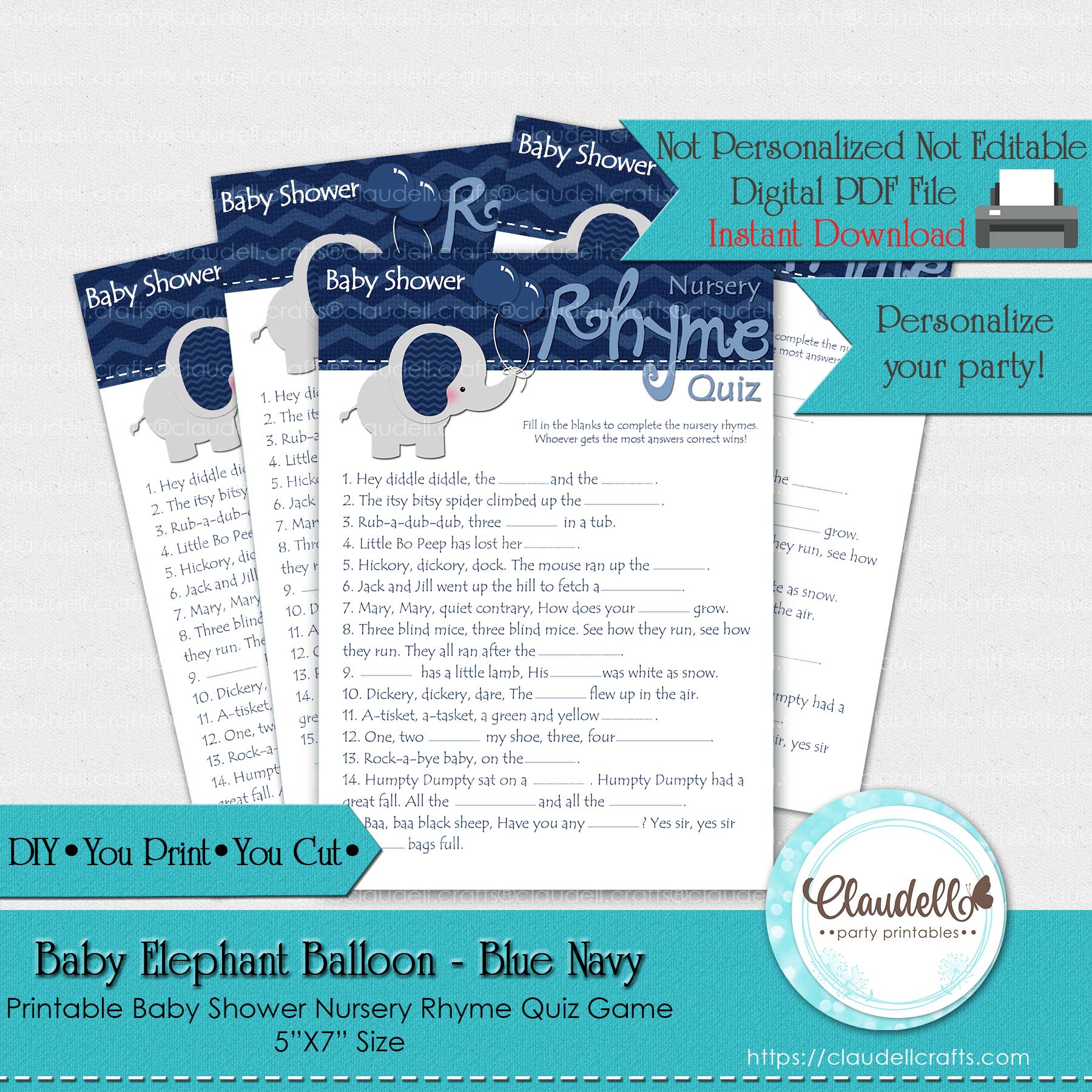 Baby Elephant - Blue Navy Nursery Rhyme Quiz Baby Shower Game Card/Digital File Only